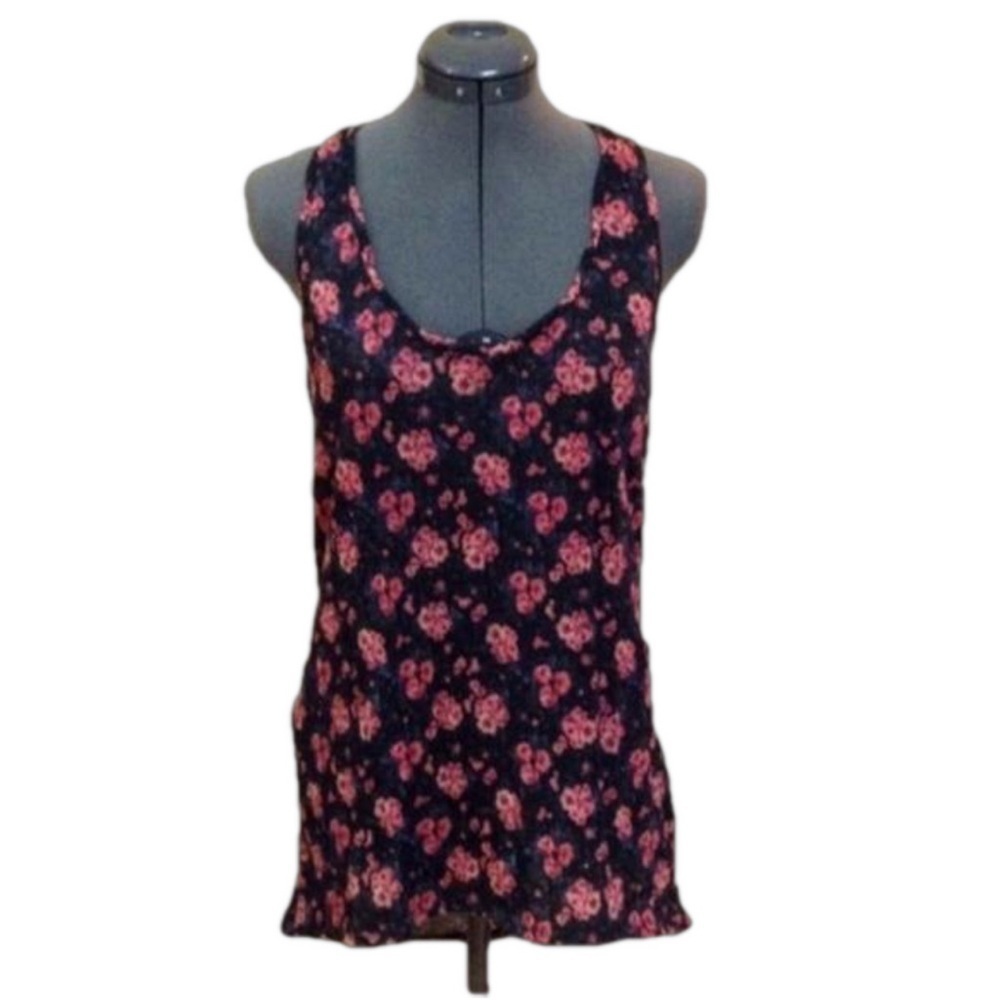 FREE PEOPLE Black w/ Pink Floral Print Long Tank Top Size S - Picture 3 of 6